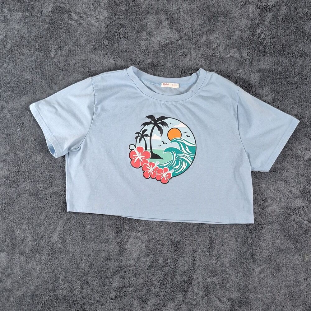 ROMWE LADIES XL LIGHT BLUE CROPPED GRAPHIC BEACH CREW NECK PULLOVER T-SHIRT